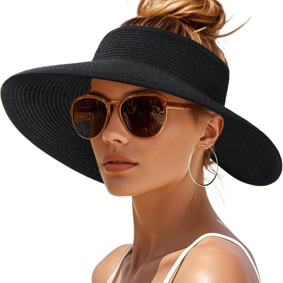 Accessories - Womens Sun Visor Hats Wide Brim Straw Beach Hat UV Protection Ponytail Packable